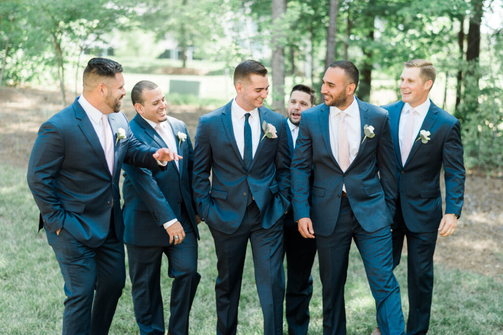 Groomsmen Attire: Navy Suit & Blush Tie